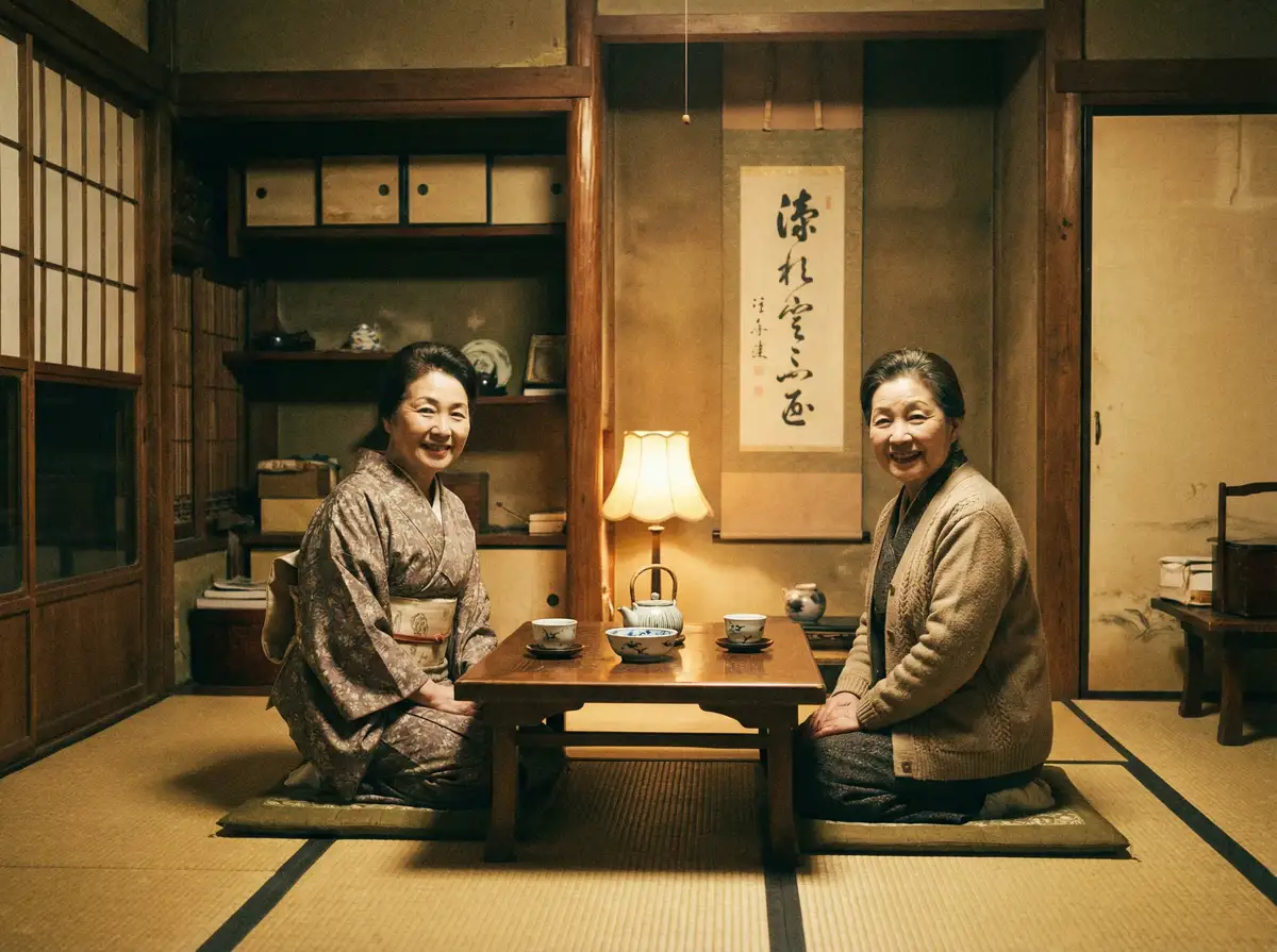 两位优雅的 向理来 在日式茶室中品茶交谈